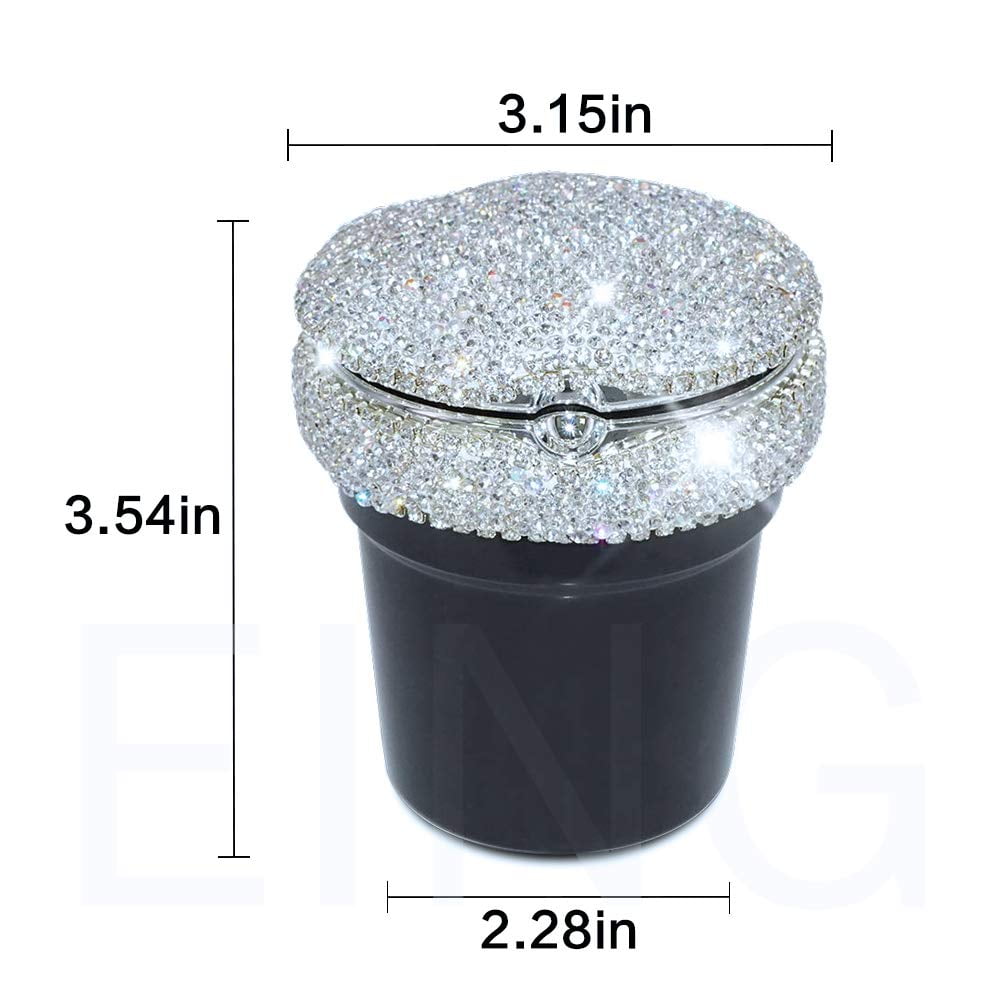 Diamond Car Ashtray with Bling Crystal Diamond Fireproof Stainless Lid and Cool Blue Led Light Indicator Portable Fit for Most Vehicle Smokeless Stand Cylinder Car Cup Holder